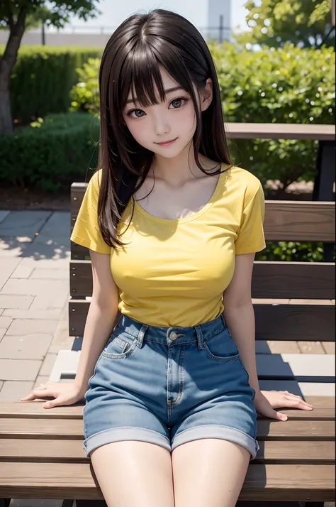 8K、Realism、Photonic style、a japanese girl、large full breasts、14years、miscievous smile、Blushing、Yellow T-shirt、shortpants、park bench、A dark-haired、a beauty girl