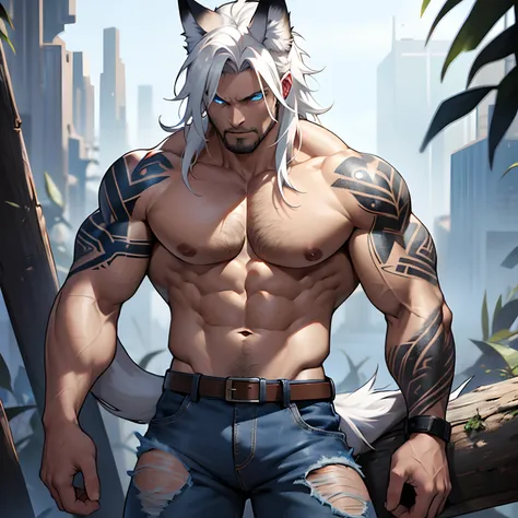 Muscular shirtless male wearing just a pair of torn jeans, has long white hair, has wolf ears, has glowing blue eyes, has light beard stubble, has wolf tail, solo, alone, (SOLO)(ALONE) shirtless, no shirt, (SHIRTLESS)(NO SHIRT), flexing, mystic backround, ...