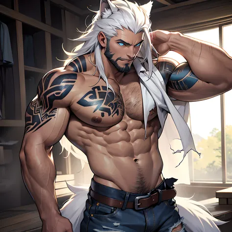 Muscular shirtless male wearing just a pair of torn jeans, has long white hair, has wolf ears, has glowing blue eyes, has light beard stubble, has wolf tail, solo, alone, (SOLO)(ALONE) shirtless, no shirt, (SHIRTLESS)(NO SHIRT), flexing, mystic backround, ...