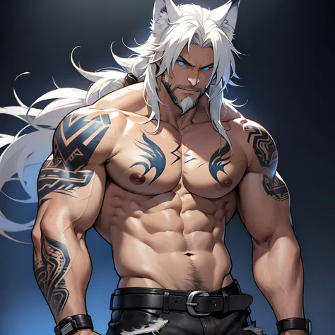 Muscular shirtless male wearing just a pair of torn jeans, has long white hair, has wolf ears, has glowing blue eyes, has light beard stubble, has wolf tail, solo, alone, (SOLO)(ALONE) shirtless, no shirt, (SHIRTLESS)(NO SHIRT), flexing, mystic backround, ...