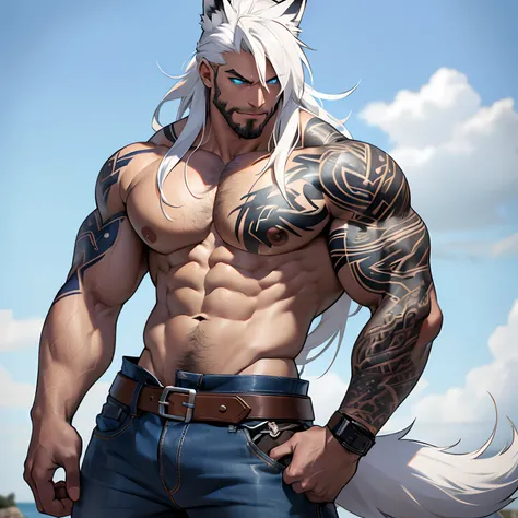 Muscular shirtless male wearing just a pair of torn jeans, has long white hair, has wolf ears, has glowing blue eyes, has light beard stubble, has wolf tail, solo, alone, (SOLO)(ALONE) shirtless, no shirt, (SHIRTLESS)(NO SHIRT), flexing, mystic backround, ...