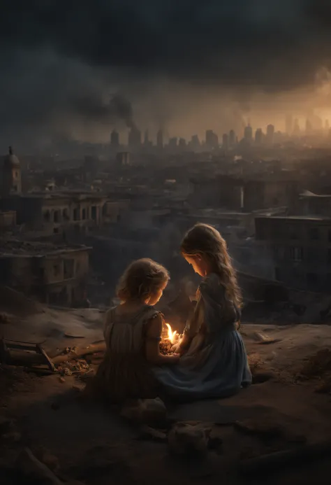 Ultra-realistic depiction of 2 little girls, sitting with sorrow, agony, ((dried tears drops)), messy and curl hair, dusty face and cloth,(( a destructed city in background, fire, ((human corpse on ground)), some people are crying, destroyed building)), a ...