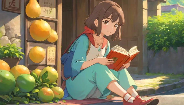 a girl sitting by the roadside, holding a book, in front of her are two frames of pomelo fruits,illustration,detailed background,detailed clothing and facial expression,high quality,4k resolution,realistic style with vibrant colors,soft lighting