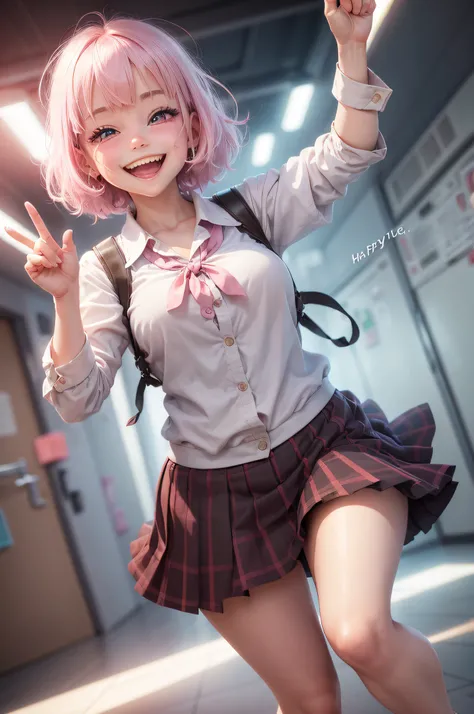 original character , 1girl, (happy feelings :1.5) , (happy smile :1.5) , (eyes of joy :1.5) , pink hair , white hair , short hair , bangs , crazy eyes , hands on face , white color scheme, open mouth, (wide-eyed:1.2), glowing eyes, pink eyes , pink eyes , ...