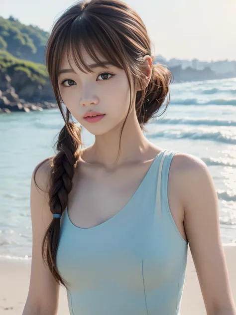 (in 8K、Raw photography、top-quality、​masterpiece)、(realisitic、Photorealsitic)、1girl in、A Japanese Lady、18year old、(swim wears)、((Highly detailed facial and skin texture:1.3)、Detailed lips、(skinny  body:1.3)、(thin arm:1.3)、(A detailed eye、Sareme)、(shinny ski...