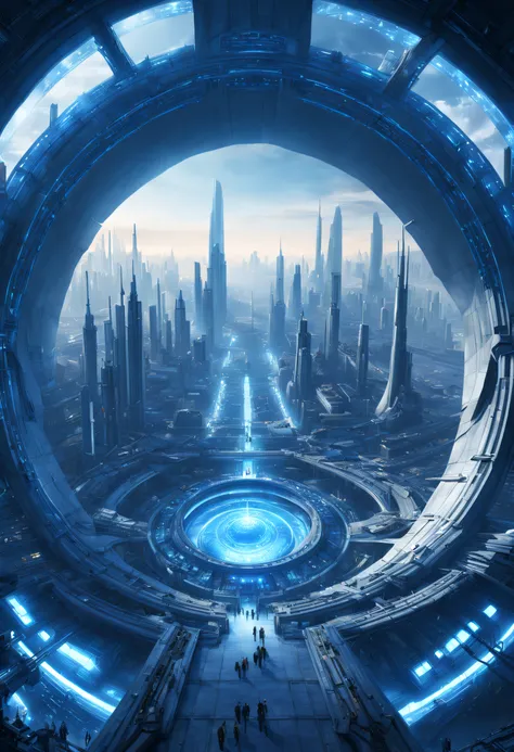 y4nn, a futuristic city with a huge circular structure in the center of its center circle is a blue light, scifi, a detailed matte painting, space art, hyper detailed, glowing from the inside, masterpiece, best quality