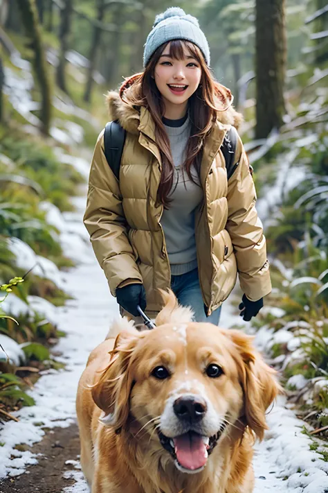 18-year-old girl, Clear facial features, Happy and a golden retriever, Walk on mountain trails, There was snow on the road.