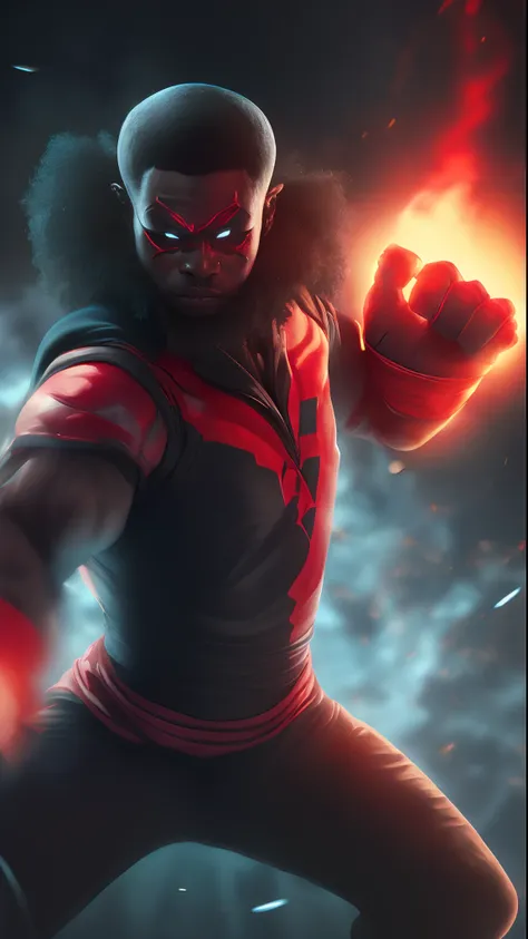 black afro ninja hyper - detailed, make a super power fist, glowing red fist and destroys the world, cinematic 8k