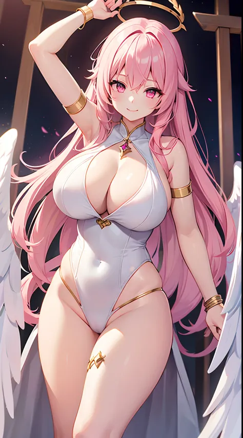 1 girl, game CG, 1 girl, game CG, see-through white leotard, cleavage visible, angel halo, angel wings, bangles, gigantic breasts, pink hair, long hair, straight hair, ahoge, pink eyes, temple, smile, dynamic,