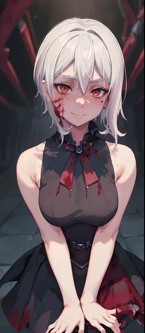 (masterpiece), best quality, AliceKV4, 1girl, solo, looking at viewer, smile, anime coloring,upper body, (blushed, healthy skin), authority, (((sleeveless))), blood on face, breasts, ((sadistic girl, blood on face, blood on hair, bloody girl)), white hair,...