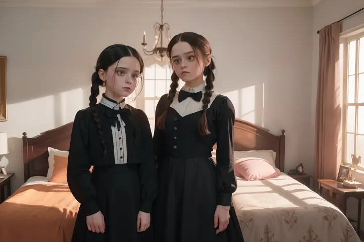 year: 2023. Location: Nevermore boarding school. Pre-Raphaelite scene with wednesday addams and enid in their bedroom, ((((Clothing from the 2020s)))) ((Hairstyle of the 2020s)), pastel colors, (((cinematic style))), jenna ortega and emma myers