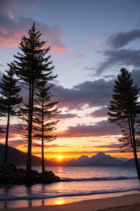 Ultrarealistic Sunset At Beach With Trees And Mountains