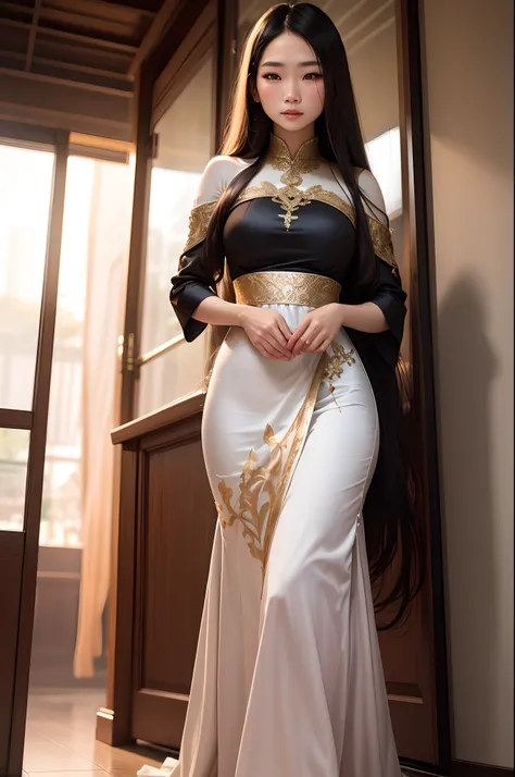 Realistic picture of a Thai woman with long hair wearing a long Thai dress with long sbai.