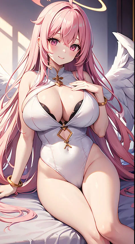 1 girl, game CG, 1 girl, game CG, see-through white leotard, cleavage visible, angel halo, angel wings, bangles, gigantic breasts, pink hair, long hair, straight hair, ahoge, pink eyes, temple, smile, dynamic,