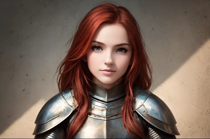 A half-body portrait of a stunning female knight red-head, with a fullplate armor, radiating beauty and delicacy, captured with a Hasselblad camera. Her realistic skin is illuminated by soft global lighting, highlighting her natural features. Shot settings...