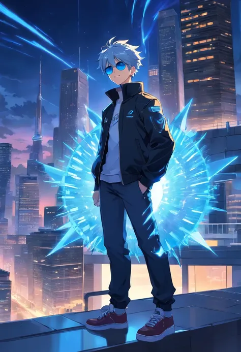 An anime man, dressed in black, black jacket zip up, white undercut spiky hair, blue eyes, sunglasses, standing on top of a building smiling, dazzling blue light, Sparks of blue light circled the body, dynamic light effects, impressive aura, City backgroun...