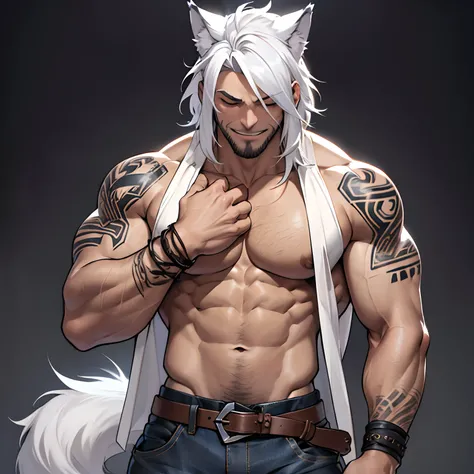 Muscular shirtless male wearing just a pair of torn jeans, has long white hair, has wolf ears, has light beard stubble, has wolf tail, solo, alone, (SOLO)(ALONE) shirtless, no shirt, (SHIRTLESS)(NO SHIRT), flexing, mystic backround, covered in tribal tatto...