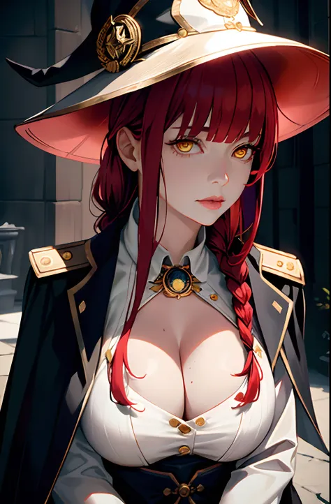 , Medium tits, masterpiece, (photorealistic:1.4), best quality, beautiful lighting, big witch hat, cleavage, admiral long coat, shoulder badge, (ulzzang-6500:0.5), makima (chainsaw man), (red hair)+(single long braided hair)+(bangs), yellow eyes, golden ey...