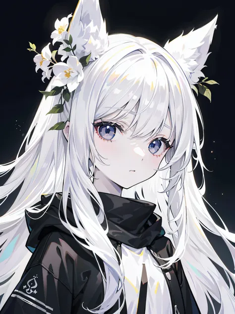 Pale skin, Short white hair, Black hoodie, , Loli, Solo,{{Best quality}}, {{Masterpiece}}, {{Ultra-detailed}}, {illustration}, {Detailed light}, Black eyes,