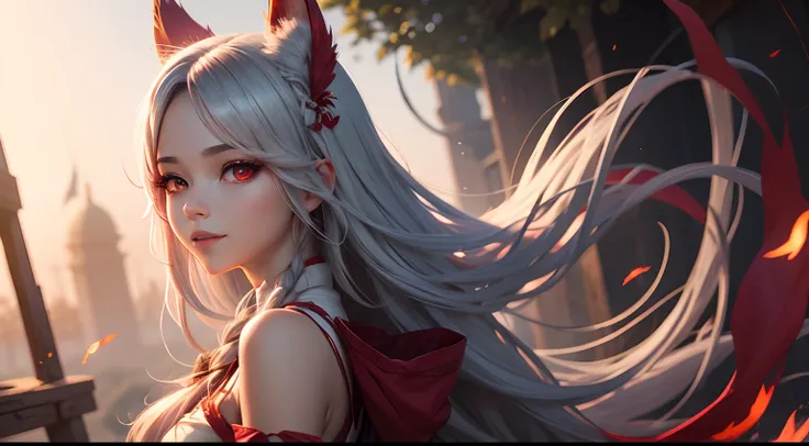 Red Eyes, high resolucion, (Official Art, Beautiful and aesthetic: 1.2), Close the view, A vast world, girl, running, Refreshing smile, Distant horizon, woods, natural beauty, inspirational, lighting effects, ahri, Silver hair, league of legends,the anime ...