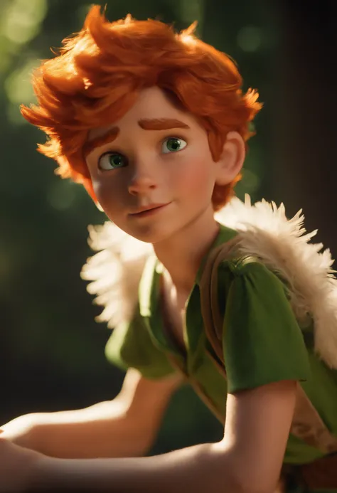 Masterpiece, Best quality, 1boys, Peter pan, Solo, closeup cleavage, Short hair, Orange hair, Green-collared shirt, Short sleeves, hat feather, Male focus, Pointy ears,Upper body