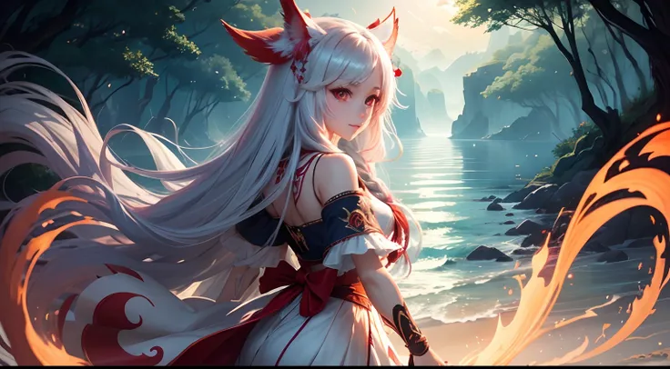 Red Eyes, high resolucion, (Official Art, Beautiful and aesthetic: 1.2), Close the view, the ocean, girl, running, Refreshing smile, Distant horizon, woods, natural beauty, inspirational, lighting effects, ahri, Silver hair, league of legends,the anime ,an...