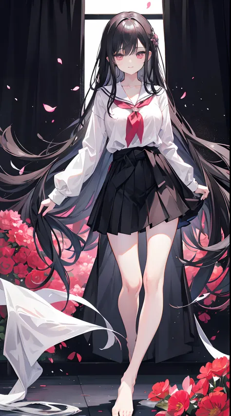 Long black hair radiated，Long hair curtain，Slanted hair curtains，A hair curtain covers one eye，Pink eyes，Leaking out of the ear，White color blouse，a black pleated skirt，The skirt is short，A black coat tied around the waist，Long legs，Leg depiction，ssmile，si...