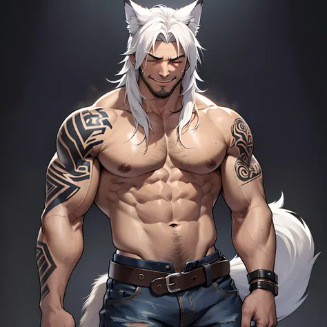 Muscular shirtless male wearing just a pair of torn jeans, has long white hair, has wolf ears, has light beard stubble, has wolf tail, solo, alone, (SOLO)(ALONE) shirtless, no shirt, (SHIRTLESS)(NO SHIRT), flexing, mystic backround, covered in tribal tatto...