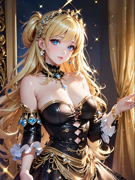 ((Finest quality)),(超A high resolution),(ultra-detailliert),(Meticulous portrayal),((Best CG)),(Finest works of art),Ultra-Precision Art,The art of astounding depiction, (dame:1.5),(Beautiful sparkling blonde hair:1.5),A benevolent look,(Glittering black d...