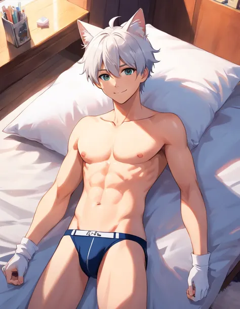 cute male, cat ears, cat tail, looking at camera, smiling, white hair, shirtless, white jockstrap, laying on bed, japanese house, 4 , cute boy, small body, no shirt, black neck collar, jockstrap, bulge, hands behind head