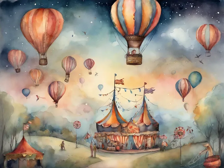 there is a picture of a carnival, ethereal and dreamy theme, dreamy and detailed, adorable and whimsical, whimsical and cute, witchlight carnival, welcome to the circus, circus background, very magical and dreamy, dreamy illustration, illustrated in whimsi...