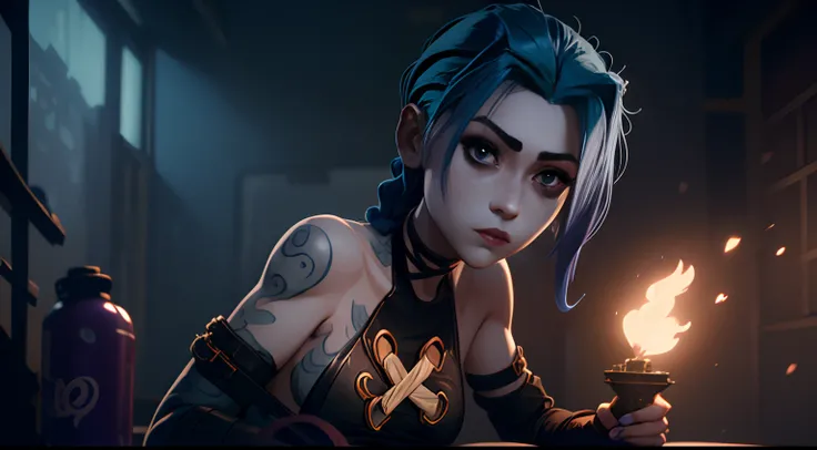 jinx's character design, dynamic movements, naked ass, bare breast, covers the chest with his hands, swollen ,  butt, kitty, sex...