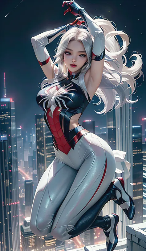 (masterpiece, 4k resolution, ultra-realistic, very detailed), (white superhero theme, charismatic, there's a girl on top of town...