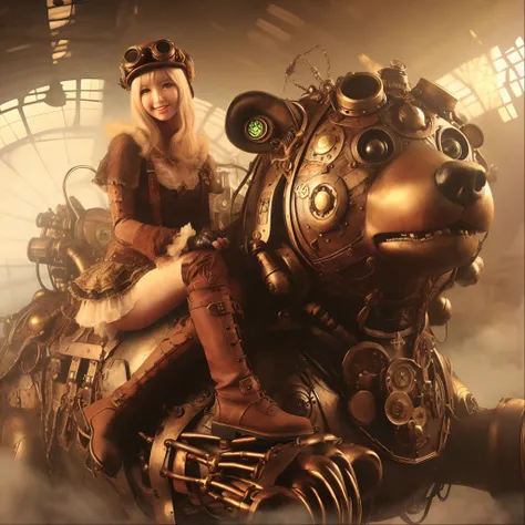 blonde woman in steampunk outfit rides on a mechanical bear, Steampunk-Fantasy-Stil, Steampunk-Fantasie, Goldener Steampunk, Steam-Punk, Steampunk-Stil, Steampunk-Stil, Steampunk-Kunst, Digitale Steampunk-Kunst, Dampfpunk, Steampunk Digitale Kunst, Hochwer...