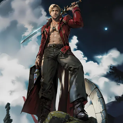 (masterpiece:1.2, high quality) , ryan gosling with a sword standing on a rock, gosling face, son of sparda, dante from devil ma...