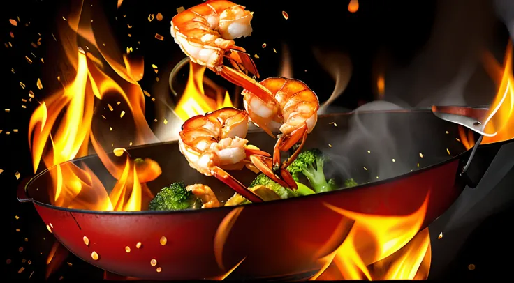 Flames emerge from a wok of shrimp and broccoli, food commercial 4 k, wok, professional food photography, professional food photo, cooking it up, kitchens, gourmet cooking, steaming food on the stove, close up food photography, closeup at the food, very ta...