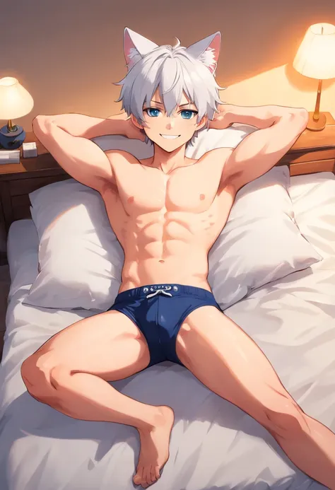 cute male, cat ears, cat tail, looking at camera, smiling, white hair, shirtless, white jockstrap, laying on bed, japanese house, 4 , cute boy, small body, no shirt, black neck collar, jockstrap, bulge, hands behind head, leash