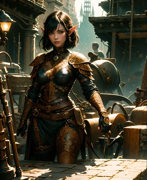 (masterpiece:1.2) (illustration:1.1) (best quality:1.2) (detailed) (intricate) (8k) (HDR) (wallpaper) (cinematic lighting) (sharp focus), (1girl), beautiful woman, skinny, elf, fair skin, short black hair, black armor, black leather, leather straps, seriou...