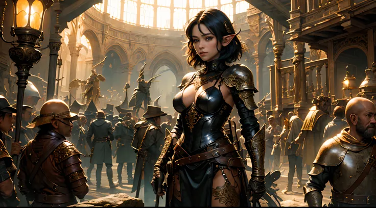 (masterpiece:1.2) (illustration:1.1) (best quality:1.2) (detailed) (intricate) (8k) (HDR) (wallpaper) (cinematic lighting) (sharp focus), (1girl), beautiful woman, skinny, elf, fair skin, short black hair, black armor, black leather, leather straps, seriou...