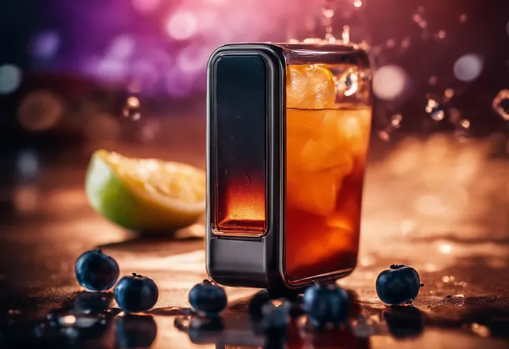 cinematic photo photography of a small vape device standing on a dark shinny surface in the left side of screen with reflections and in background pieces of blueberry and ice cubes falling down and a juice splash on the floor behind the product.