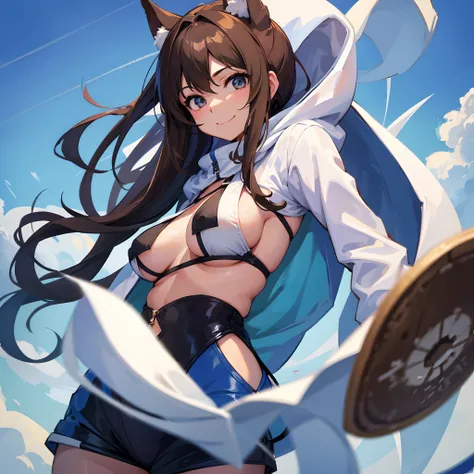 Woman with long brown hair、White hoodie、poneyTail、A smile、cute little、(The upper part of the body:0.7)、top-quality、large full breasts、Blue Hot Pants