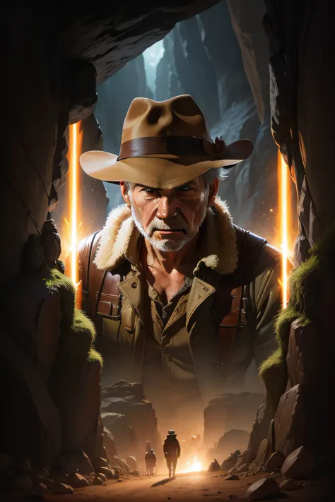 indiana jones, harrison ford face, in a cavern , surrounded of natives, v4 , 8k , cinematic, high quality