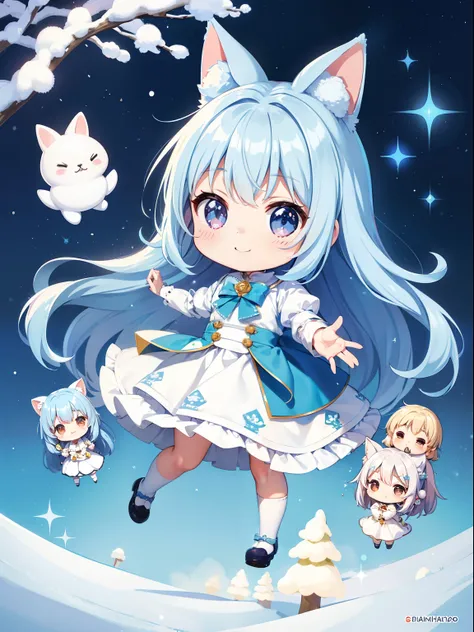 Chibichara　White big rabbit、Sparkling snowscape(a picture)　The air is shining、long hair with blue hair((Chibi Chara))、A charming smile、Fluffy、girl with、Chibi Chara、Friends of the Forest、full body Esbian、Pastel colors hair、masutepiece、top-quality、