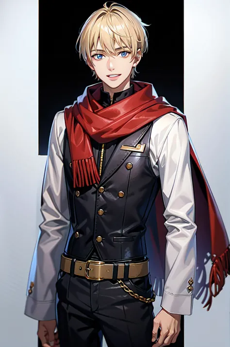 1boy, 18 years old, Tall Boy, Blonde Hair, Bangs, Standing Straight, Beautiful Face, Lips, Nose, Smiling With his Teeth, Beautiful Cerulean Eyes, Wearing White Long Sleeves, Red Scarf Wrapped around, Black Pants, Big Rings on His Wrists, A Watch, A Belt, W...