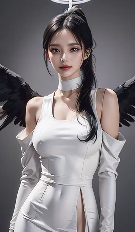 cowboy shot, (black wings:1.2), very long hair, side ponytail, choker necklace, holding, cropped shoulders, (white dress:1.3), w...