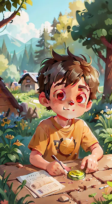 JOHN, a poor boy, 8 years old, cute, brown hair, perfect look, brown eyes, perfect face, kind look, kind smile, playing in the garden near his humble cabin on the hill, with a hole in his shirt, happy, holding a shinning gold coin in his hands