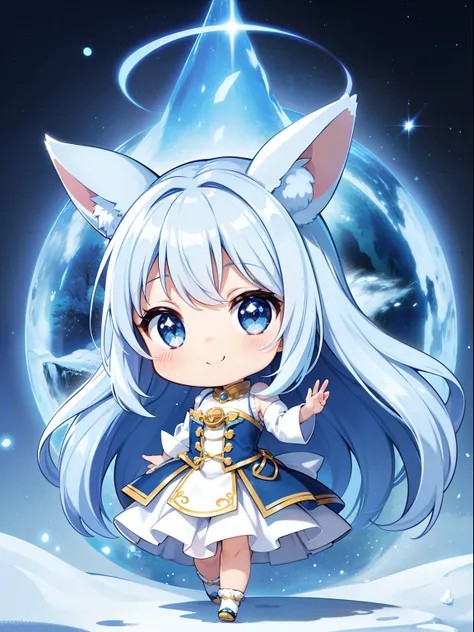 Chibichara　White big rabbit、Sparkling snowscape(a picture)　The air is shining、long hair with blue hair((Chibi Chara))、A charming smile、Fluffy、girl with、Chibi Chara、Friends of the Forest、full body Esbian、Pastel colors hair、masutepiece、top-quality、