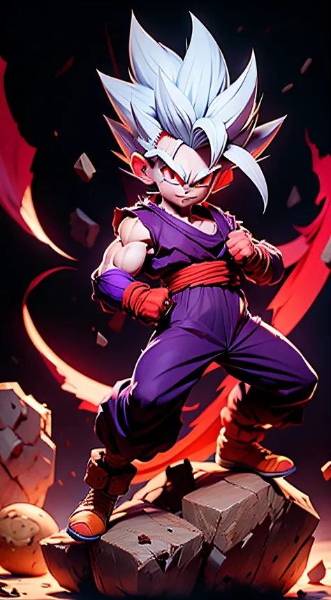 masterpiece, best quality, ultra-detailed, Adult Gohan 1boy, solo, Full body, evil smile, grey hair, spiked hair, (((red eyes))), (((perfect eyes))), (((PURPLE dougi))), full body, looking at viewer, male focus, earth (planet), planet, space, cracked groun...