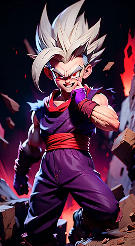 masterpiece, best quality, ultra-detailed, Adult Gohan 1boy, solo, Full body, evil smile, grey hair, spiked hair, (((red eyes))), (((perfect eyes))), (((PURPLE dougi))), full body, looking at viewer, male focus, earth (planet), planet, space, cracked groun...