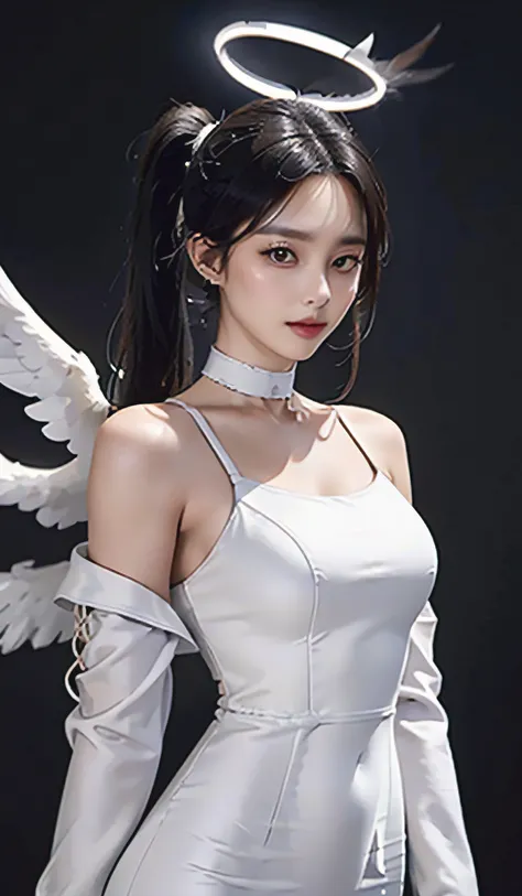 Cowboy shot, (Black wings:1.2), Very long hair, Side ponytail, choker necklace, Holding, cropped shoulders, (White dress:1.3), White jacket,Halo,